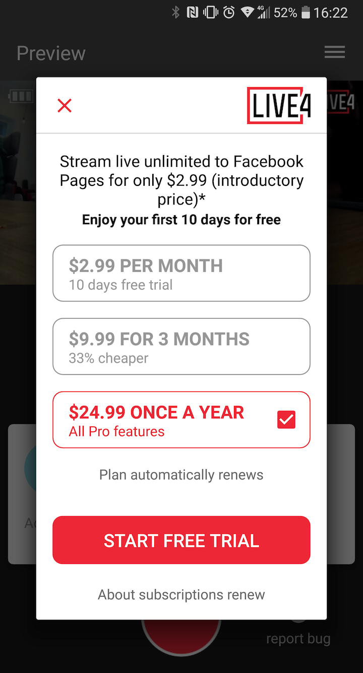 LIVE4 free trial and subscriptions for Android