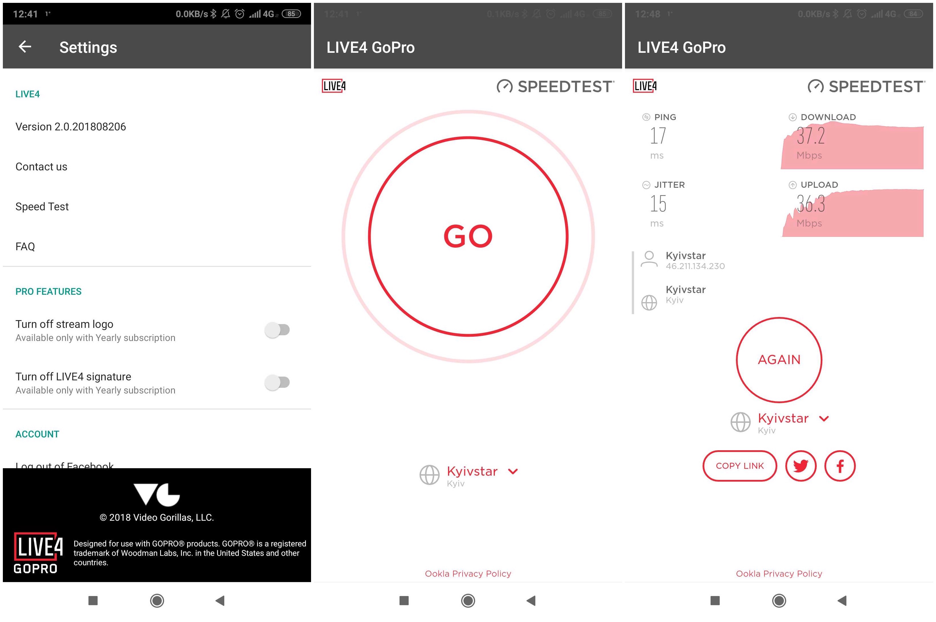 LIVE4 app’s internet speed test